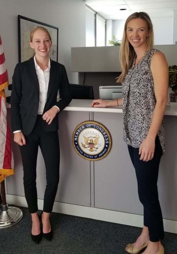 Jen Miller_8.23.18 Jen Miller (left) meets with Emily Haas from the office of Rep. Conor Lamb (D-PA) at one of Congressman Lamb’s district offices